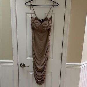 Sabora Tan Ruched Midi Dress